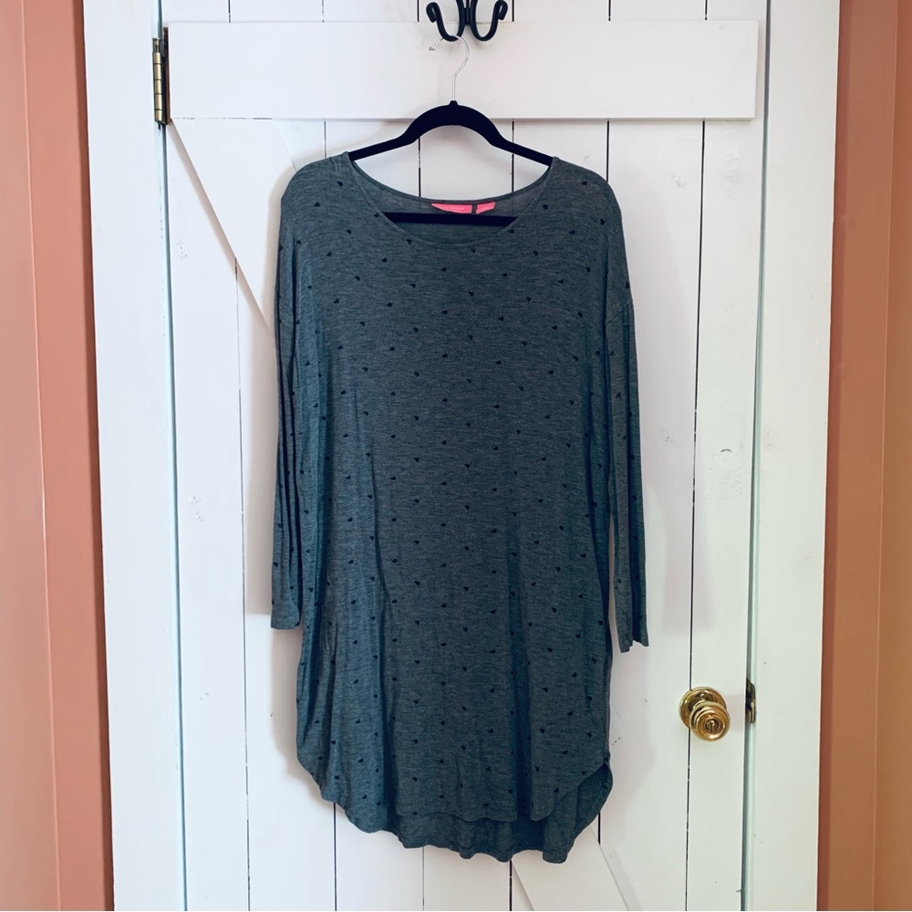 Gray Heart Print Long Sleeve Sleep Dress